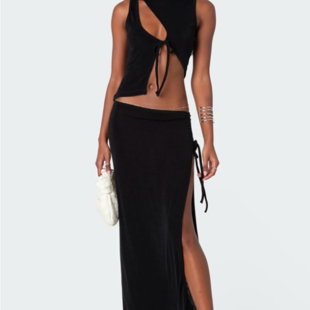 Edikted Black Cut Out Tie Front Tank Top + Skirt SET